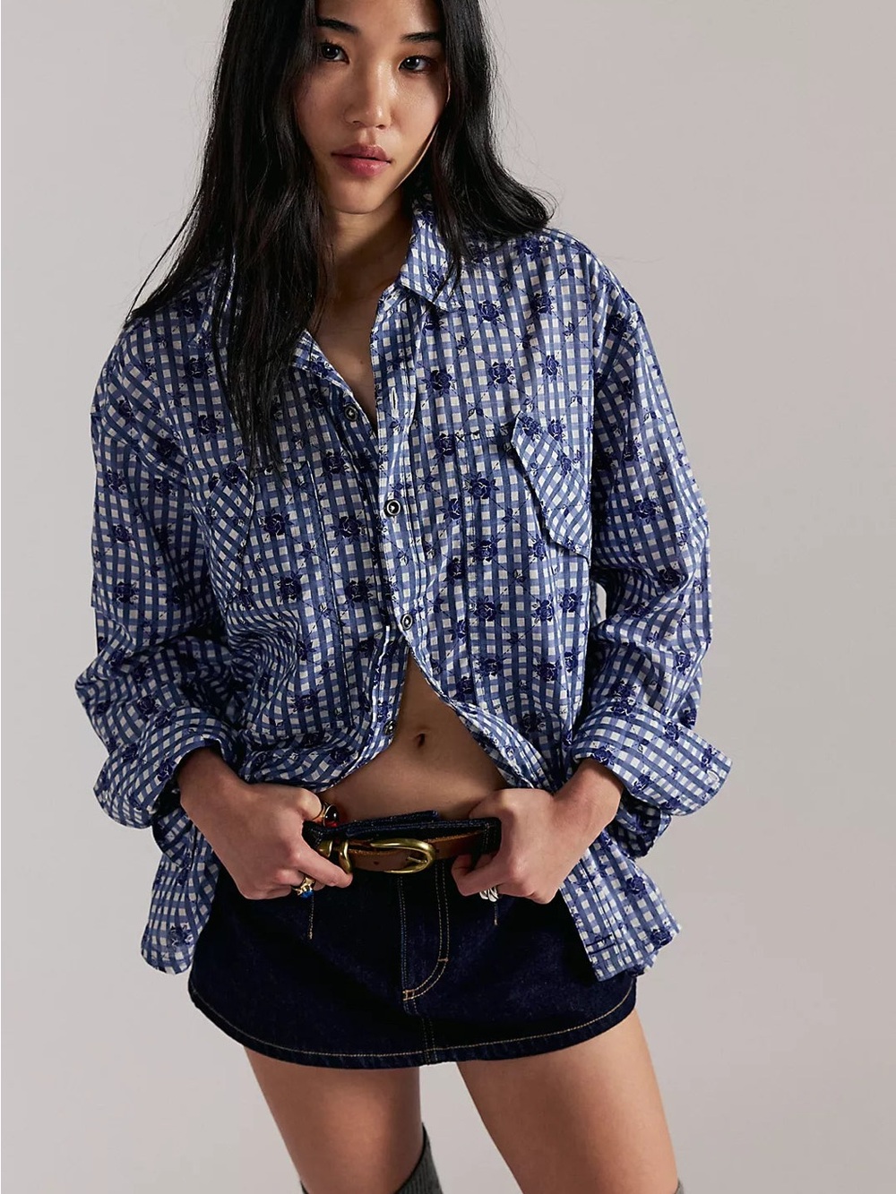 Free People Blue Check Gingham Button-Down Shirt
